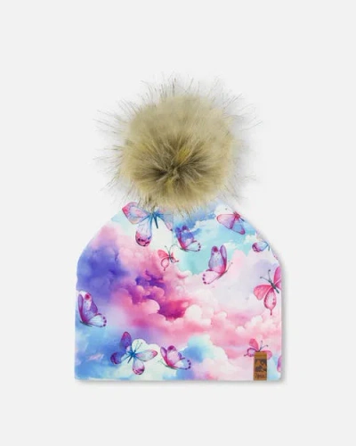Deux Par Deux Babies'  Girl's Printed Jersey Detachable Pompom Hat Butterflies On Multicolored Background