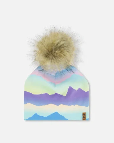Deux Par Deux Kids'  Girl's Printed Jersey Detachable Pompom Hat Mauve And Blue, Pink Mountain