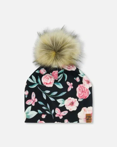 Deux Par Deux Kids'  Girl's Printed Jersey Detachable Pompom Hat Pink, Black, And Flowers
