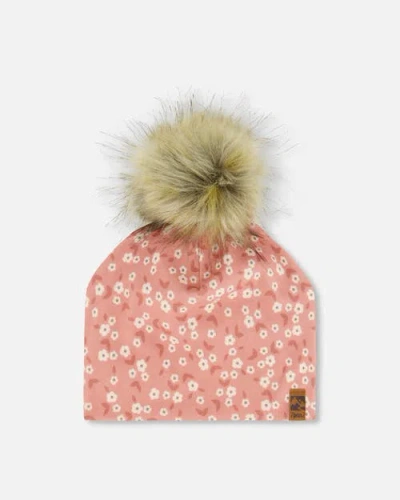 Deux Par Deux Kids'  Girl's Printed Jersey Detachable Pompom Hat Small White Flowers On Pale Pink