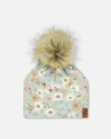 Deux Par Deux Girl's Printed Jersey Detachable Pompom Hat Small White Flowers On Turquoise And Lilac In White Flowers On Turquoise