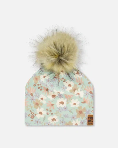 Deux Par Deux Kids'  Girl's Printed Jersey Detachable Pompom Hat Small White Flowers On Turquoise And Lilac