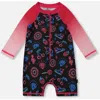 Deux Par Deux Girl's Printed Long Sleeve One-piece Rashguard Black And Blue And Pink Items In Black And Blue And Pink Items