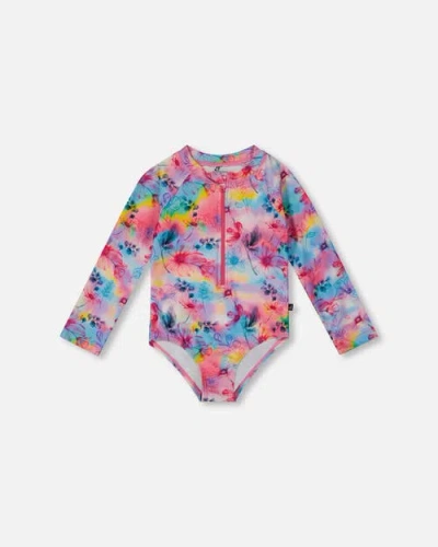 Deux Par Deux Kids'  Girl's Printed Long Sleeve Rashguard Butterflies On Multicolored Background