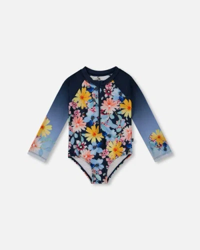 Deux Par Deux Kids'  Girl's Printed Long Sleeve Rashguard Navy And Yellow And Pink Flowers In Navy Yellow And Pink Flowers