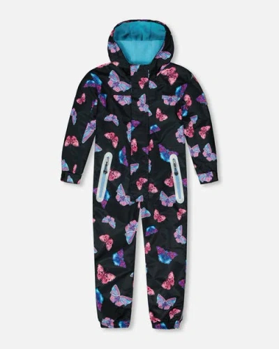 DEUX PAR DEUX DEUX PAR DEUX GIRL'S PRINTED MID-SEASON ONE-PIECE OUTERWEAR MULTICOLORED BUTTERFLIES ON BLACK BACKGR