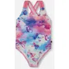 Deux Par Deux Girl's Printed One-piece Swimsuit Butterflies On Multicolored Background In Butterflies On Multicolored