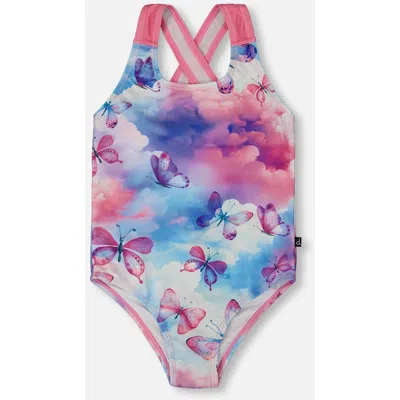 Deux Par Deux Kids'  Girl's Printed One-piece Swimsuit Butterflies On Multicolored Background