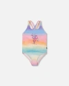 Deux Par Deux Kids'  Girl's Printed One-piece Swimsuit Flowers On Multicolored Background