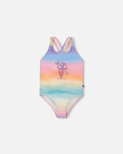 Deux Par Deux Kids'  Girl's Printed One-piece Swimsuit Flowers On Multicolored Background