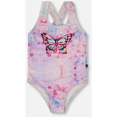 Deux Par Deux Kids'  Girl's Printed One-piece Swimsuit Pink Butterflies With Bubble Effects In Pink Butterflies Bubble Effect