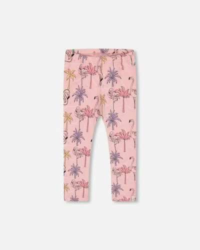 Deux Par Deux Kids'  Girl's Printed Organic Cotton Capri Legging Palm Trees, Pink Flamingo, And Turquoise