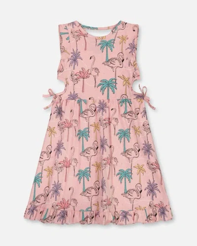 Deux Par Deux Kids'  Girl's Printed Organic Cotton Dress With Cut Outs Palm Trees, Pink Flamingo, And Turqu