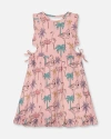 Deux Par Deux Kids'  Girl's Printed Organic Cotton Dress With Cut Outs Palm Trees, Pink Flamingo, And Turqu