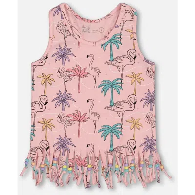 Deux Par Deux Kids'  Girl's Printed Organic Cotton Tank Top With Fringe Palm Trees, Pink Flamingo, And Turq