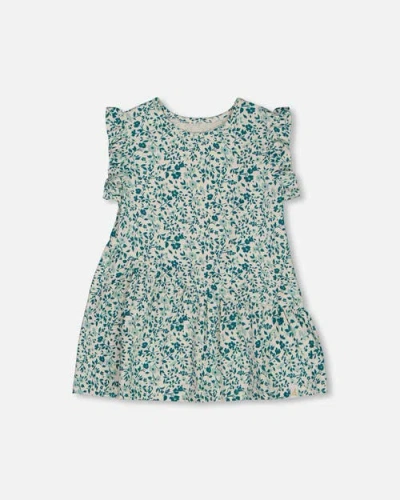 Deux Par Deux Kids'  Girl's Printed Organic Cotton Tunic Top Small Turquoise Flowers