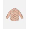 Deux Par Deux Girl's Printed Polar Fleece Shirt Peach With Blue Flowers In Printed Flowers