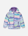 Deux Par Deux Girl's Printed Quilted Mid-season Jacket Mauve And Blue, Pink Mountain In Blue