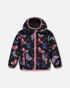 Deux Par Deux Kids'  Girl's Printed Quilted Mid-season Jacket Multicolored Butterflies On Black Background In Multicolored On Black