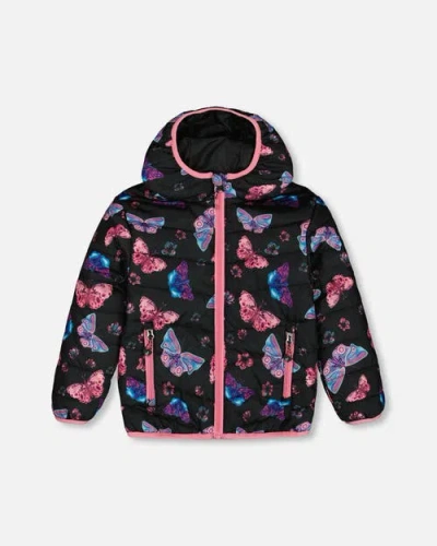 Deux Par Deux Kids'  Girl's Printed Quilted Mid-season Jacket Multicolored Butterflies On Black Background In Multicolored On Black