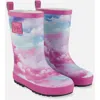 DEUX PAR DEUX DEUX PAR DEUX GIRL'S PRINTED RAIN BOOTS MULTICOLORED AND VIBRANT PINK BACKGROUND
