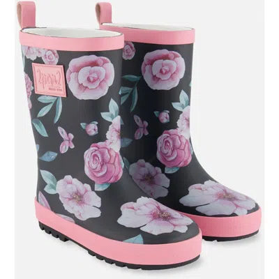 Deux Par Deux Babies'  Girl's Printed Rain Boots Pink, Black, And Flowers