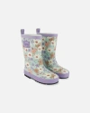 Deux Par Deux Girl's Printed Rain Boots Small White Flowers On Turquoise And Lilac In White Flowers On Turquoise
