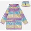 Deux Par Deux Girl's Printed Rain Coat With Hat Mauve Blue And Yellow Glitter Gradient In Blue And Yellow Glitter