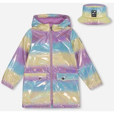 Deux Par Deux Kids'  Girl's Printed Rain Coat With Hat Mauve Blue And Yellow Glitter Gradient