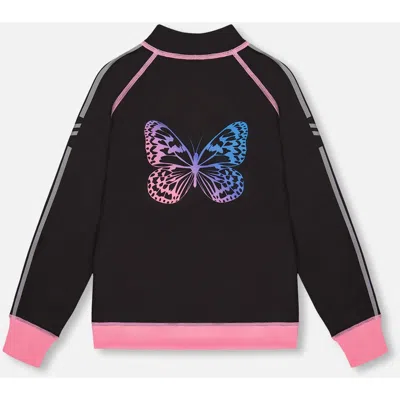 Deux Par Deux Kids'  Girl's Printed Reversible Full Zip Athletic Cardigan Pink, Blue And Butterflies