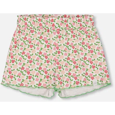 Deux Par Deux Kids'  Girl's Printed Ribbed Short Small Flowers On White Background