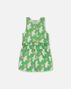 Deux Par Deux Girl's Printed Romper With Frills Green With White And Pink Bird In Green With White And Pink Bird