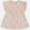 Deux Par Deux Girl's Printed Seersucker Blouse With Frills Pink Flowers On Cream Background In Pink Flowers On Cream