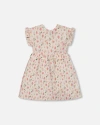 Deux Par Deux Girls' Printed Seersucker Dress With Frill Flowers On Background - Little Kid In Pink Flowers On Cream