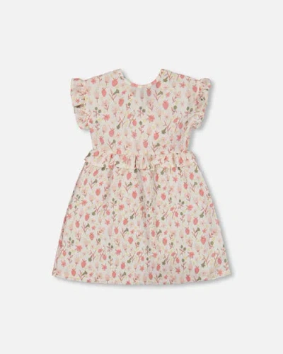 Deux Par Deux Girls' Printed Seersucker Dress With Frill Flowers On Background - Little Kid In Pink Flowers On Cream