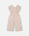 Deux Par Deux Girl's Printed Seersucker Jumpsuit With Cut Outs Pink Flowers On Cream Background In Pink Flowers On Cream