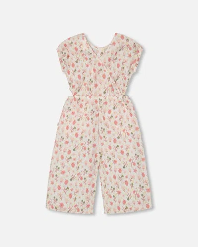Deux Par Deux Kids'  Girl's Printed Seersucker Jumpsuit With Cut Outs Pink Flowers On Cream Background