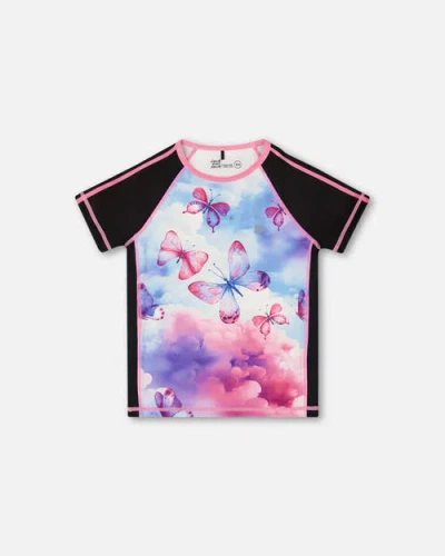 Deux Par Deux Kids'  Girl's Printed Short Sleeve Athletic Top Pink, Black And Butterfly