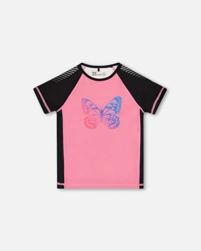 DEUX PAR DEUX DEUX PAR DEUX GIRL'S PRINTED SHORT SLEEVE ATHLETIC TOP PINK WITH BUTTERFLIES