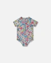 Deux Par Deux Girl's Printed Short Sleeve One-piece Swimsuit With Frills White, Pink, And Green Flow In Blue