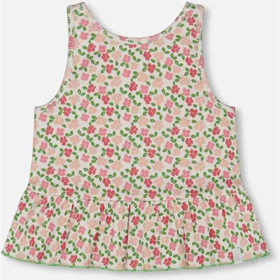 Deux Par Deux Kids'  Girl's Printed Tank Top With Flounce Small Flowers On White Background