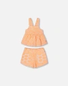 Deux Par Deux Girl's Printed Terry Tank Top And Shorts Set Vibrant Orange And White In Vibrant Orange And White