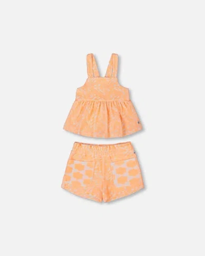 Deux Par Deux Kids'  Girl's Printed Terry Tank Top And Shorts Set Vibrant Orange And White