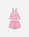 Deux Par Deux Little Girl's Printed Terry Tank Top And Shorts Set Vibrant Pink And White In Vibrant Pink And White