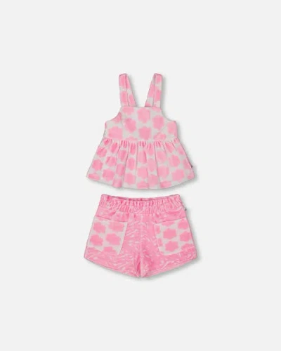 DEUX PAR DEUX DEUX PAR DEUX GIRL'S PRINTED TERRY TANK TOP AND SHORTS SET VIBRANT PINK AND WHITE