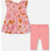 Deux Par Deux Girl's Printed Tunic And Solid Leggings Set Pink And Coral Flowers In Pink And Coral Flowers