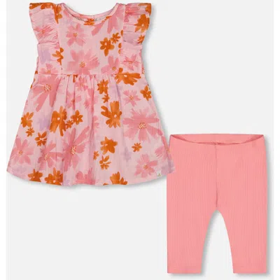 Deux Par Deux Kids'  Girl's Printed Tunic And Solid Leggings Set Pink And Coral Flowers