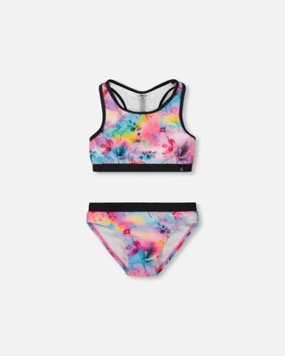 Deux Par Deux Kids'  Girl's Printed Two-piece Racerback Swimsuit Butterflies On Multicolored And Black Back