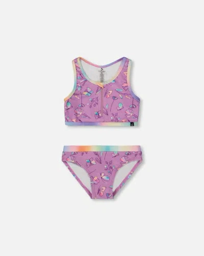 Deux Par Deux Kids'  Girl's Printed Two-piece Swimsuit Old Mauve And Multicolored Butterflies In Purple