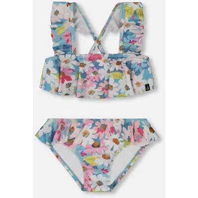 Deux Par Deux Kids'  Girl's Printed Two-piece Swimsuit With Frills White, Pink, And Green Flowers